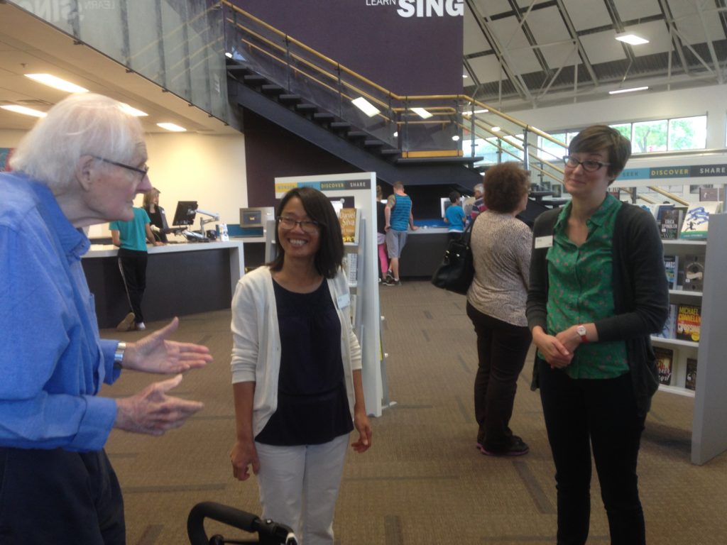 HA Hargreaves chatting with staff at Fish Creek LIbrary